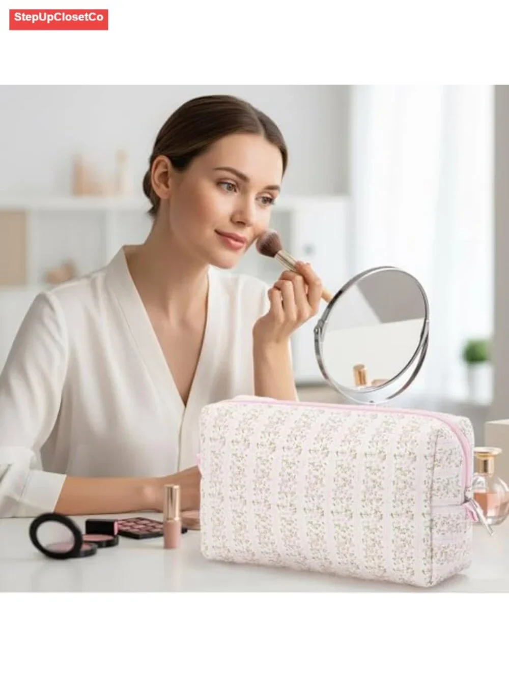 Quilted Cotton Makeup Bag Cute Floral Cosmetic Pouch Travel Toiletry Pencil Case